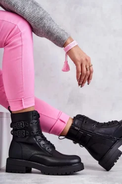 New Boto Damskie Skórzane Ocieplane Botki Czarne Silvor Czarny