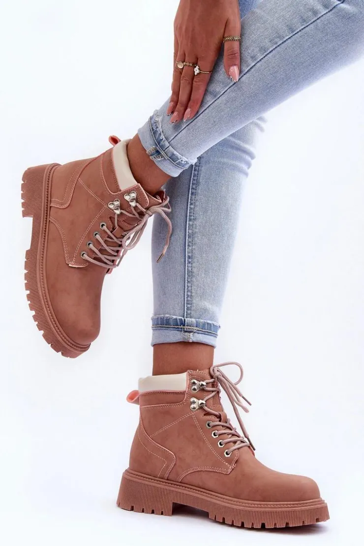 Damskie Boto Damskie Skórzane Ocieplane Trapery Różowe Poles