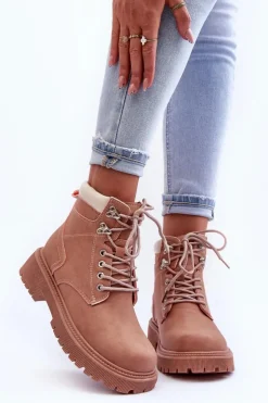 Damskie Boto Damskie Skórzane Ocieplane Trapery Różowe Poles