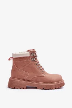 Damskie Boto Damskie Skórzane Ocieplane Trapery Różowe Poles