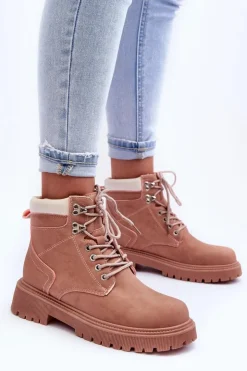 Damskie Boto Damskie Skórzane Ocieplane Trapery Różowe Poles