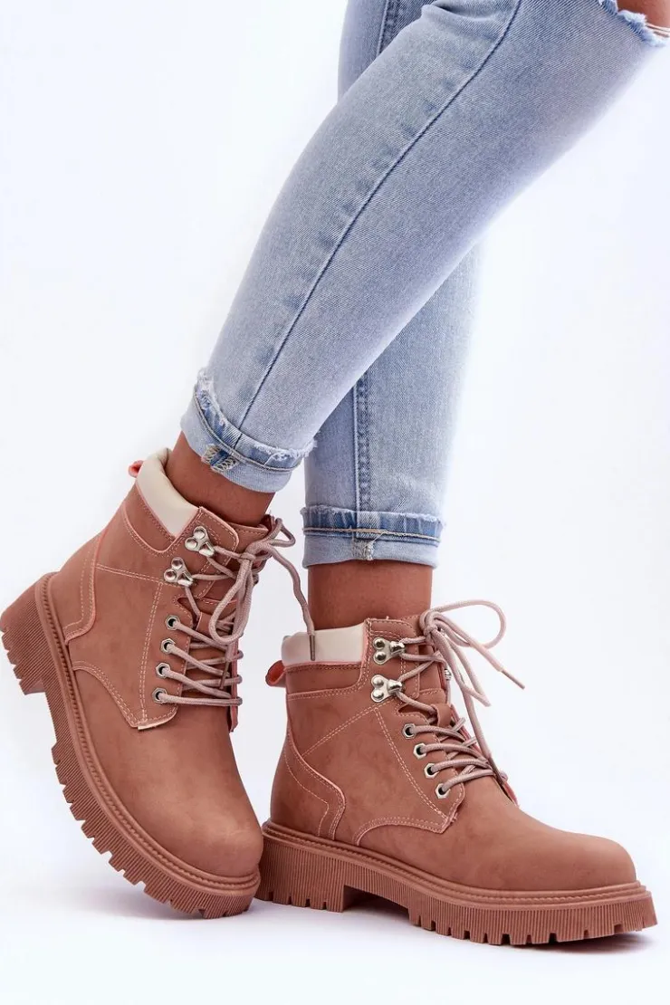 Damskie Boto Damskie Skórzane Ocieplane Trapery Różowe Poles