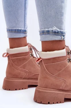 Damskie Boto Damskie Skórzane Ocieplane Trapery Różowe Poles