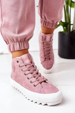 Big Star Shoes Trampki Ocieplane|Trampki Damskie Big Star*Damskie Skórzane Ocieplane Trampki Big Star EE274113 Różowe