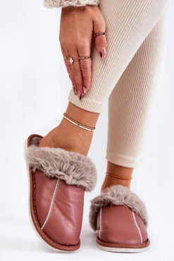 Boto Kapcie Klasyczne*Damskie Skórzane Papcie Z Futerkiem Ciemnoróżowe Rossa