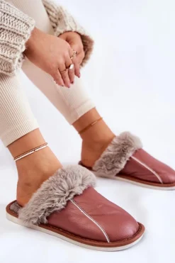 Boto Kapcie Klasyczne*Damskie Skórzane Papcie Z Futerkiem Ciemnoróżowe Rossa