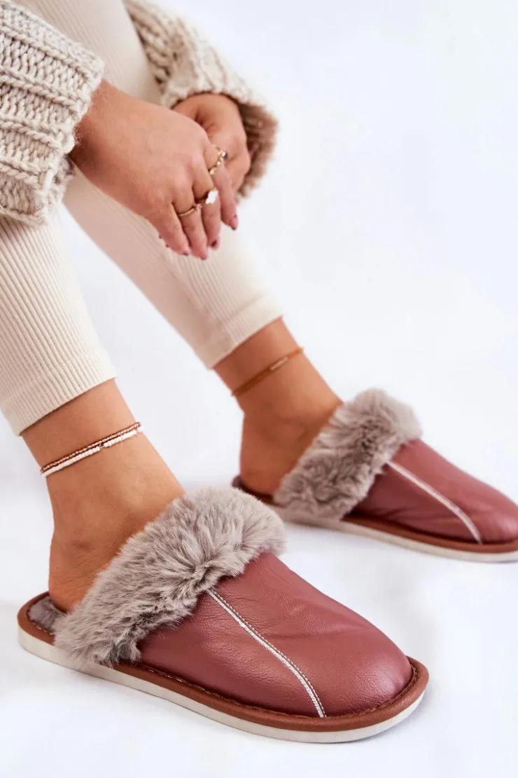 Boto Kapcie Klasyczne*Damskie Skórzane Papcie Z Futerkiem Ciemnoróżowe Rossa