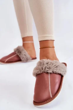 Boto Kapcie Klasyczne*Damskie Skórzane Papcie Z Futerkiem Ciemnoróżowe Rossa