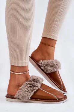 Damskie Boto Damskie Skórzane Papcie Z Futerkiem Brązowe Rossa