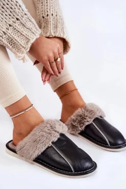 Clearance Boto Damskie Skórzane Papcie Z Futerkiem Czarne Rossa