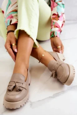 Maciejka Półbuty Skórzane|Mokasyny Damskie Skórzane*Damskie Skórzane Półbuty Frędzle 05497-04 Beżowe