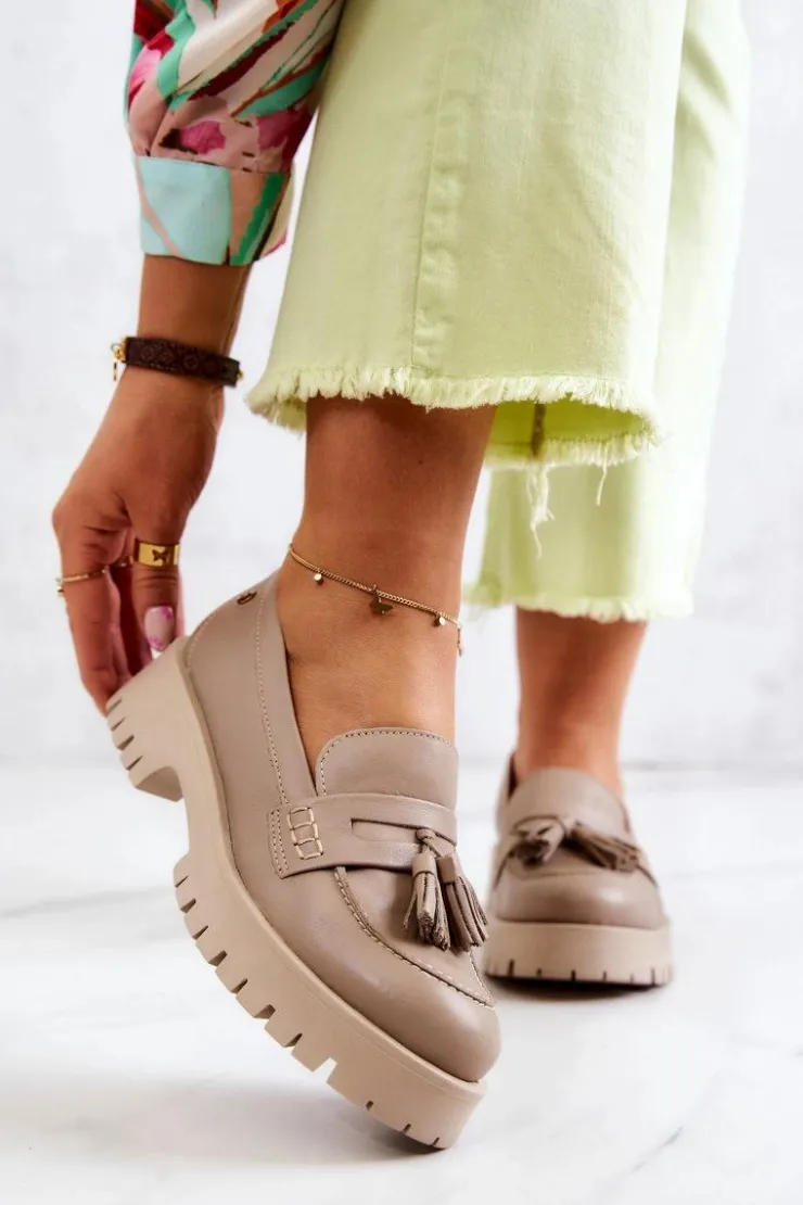 Maciejka Półbuty Skórzane|Mokasyny Damskie Skórzane*Damskie Skórzane Półbuty Frędzle 05497-04 Beżowe