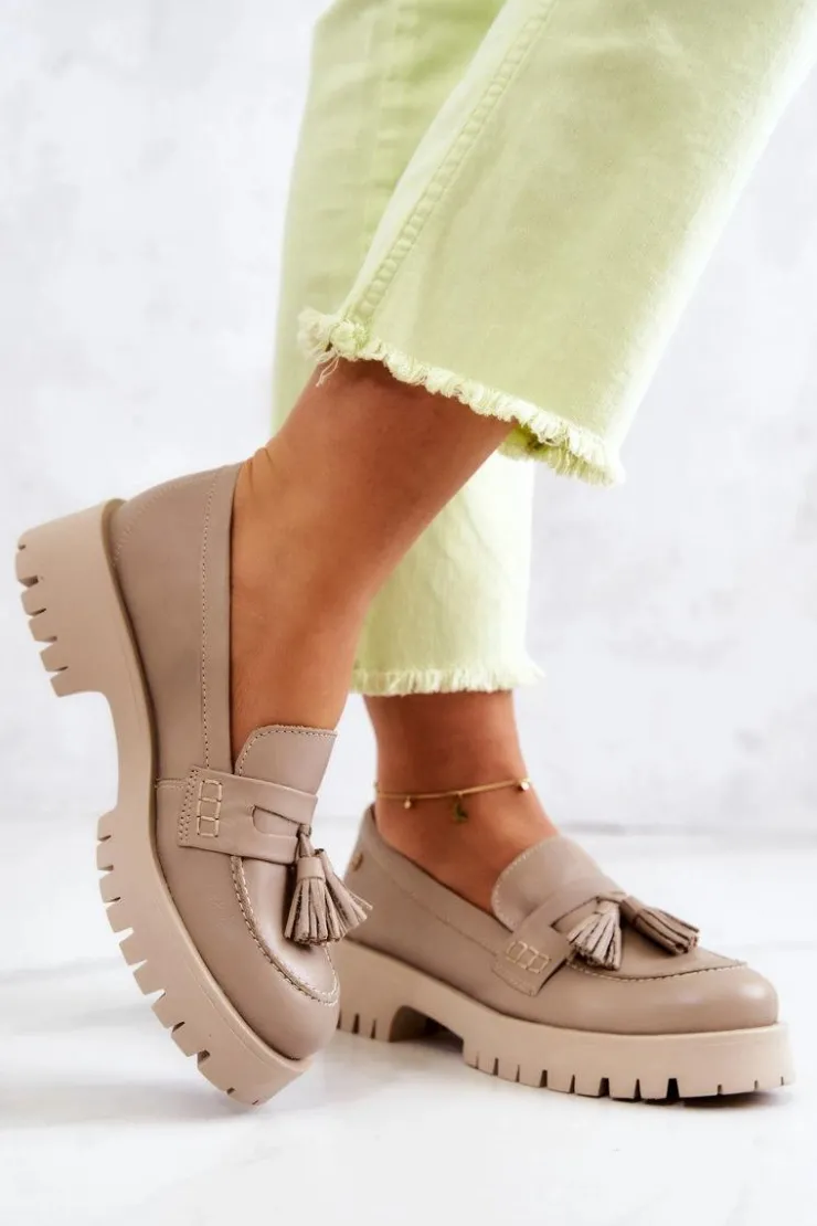 Maciejka Półbuty Skórzane|Mokasyny Damskie Skórzane*Damskie Skórzane Półbuty Frędzle 05497-04 Beżowe