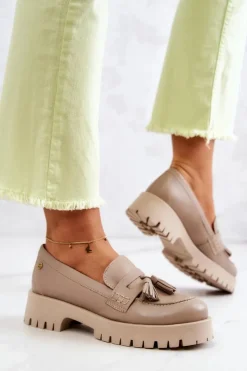Maciejka Półbuty Skórzane|Mokasyny Damskie Skórzane*Damskie Skórzane Półbuty Frędzle 05497-04 Beżowe