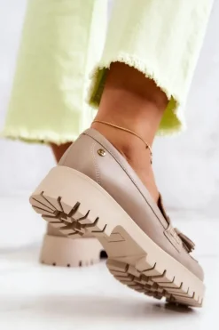 Maciejka Półbuty Skórzane|Mokasyny Damskie Skórzane*Damskie Skórzane Półbuty Frędzle 05497-04 Beżowe