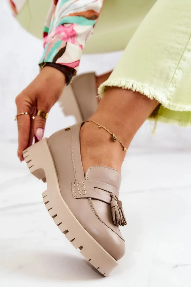 Maciejka Półbuty Skórzane|Mokasyny Damskie Skórzane*Damskie Skórzane Półbuty Frędzle 05497-04 Beżowe