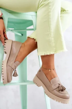 Maciejka Półbuty Skórzane|Mokasyny Damskie Skórzane*Damskie Skórzane Półbuty Frędzle 05497-04 Beżowe