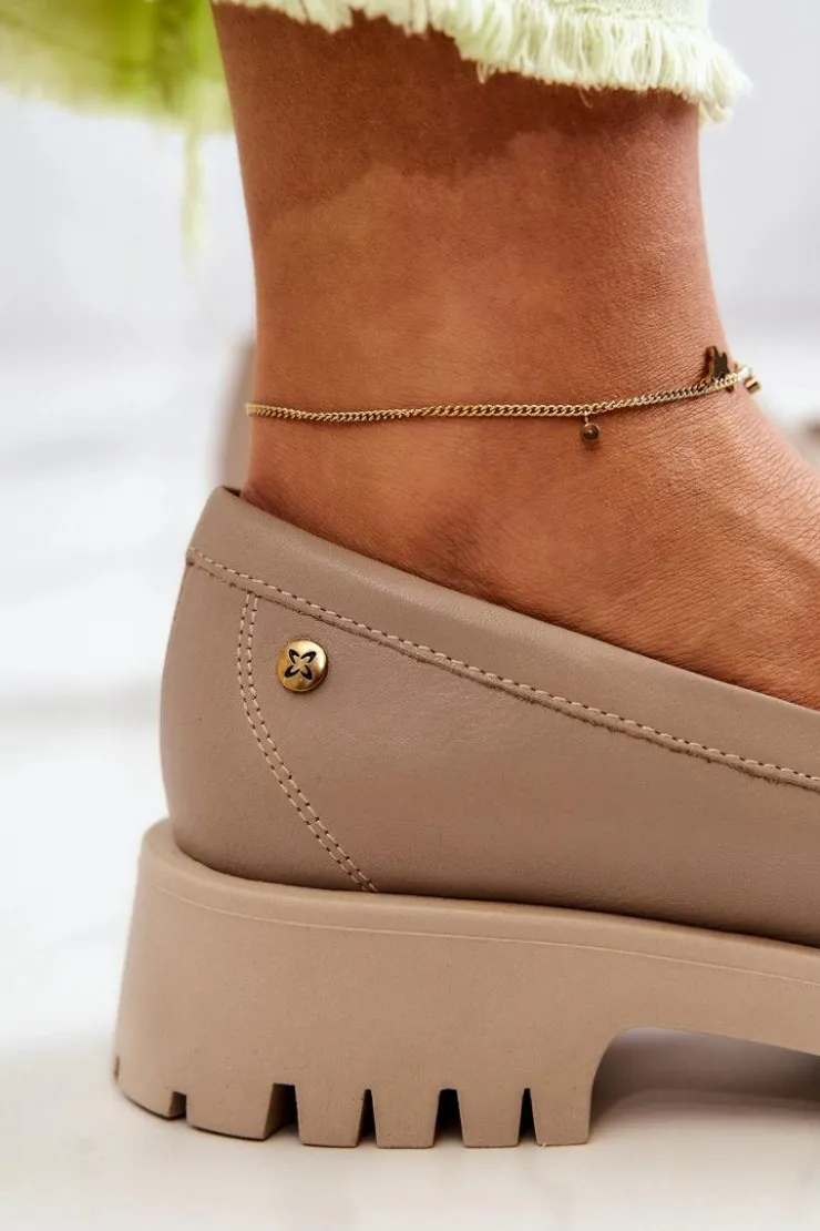 Maciejka Półbuty Skórzane|Mokasyny Damskie Skórzane*Damskie Skórzane Półbuty Frędzle 05497-04 Beżowe