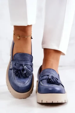 Outlet Maciejka Damskie Skórzane Półbuty Frędzle 05497-17 Niebieskie