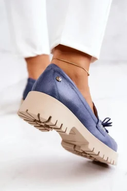 Outlet Maciejka Damskie Skórzane Półbuty Frędzle 05497-17 Niebieskie