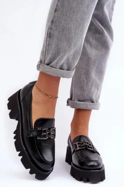 Damskie Laura Messi Damskie Skórzane Półbuty Loafersy Z Ozdobą 2699 Czarne