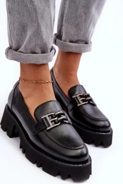 Damskie Laura Messi Damskie Skórzane Półbuty Loafersy Z Ozdobą 2699 Czarne