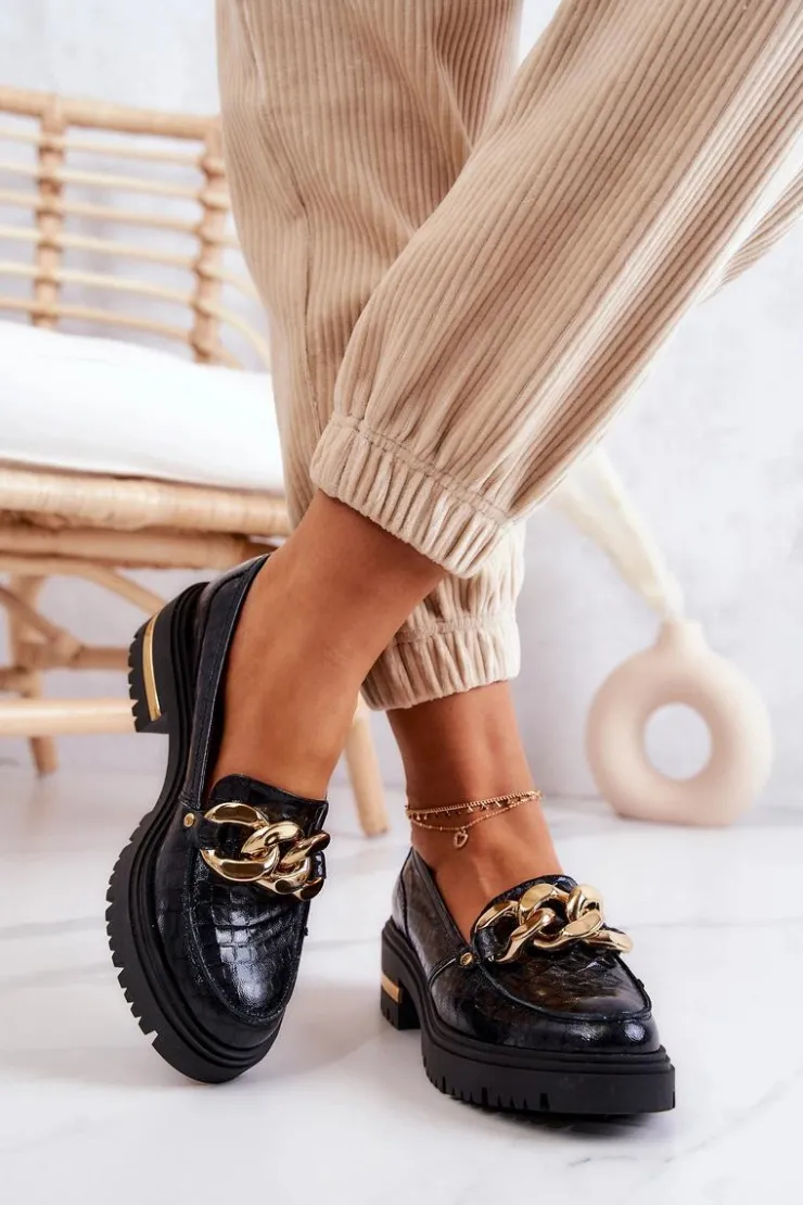 Outlet Boto Damskie Skórzane Półbuty Loafery Czarne Mollie