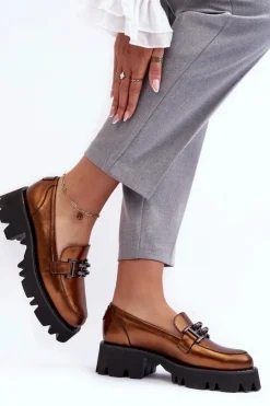 Best Laura Messi Damskie Skórzane Półbuty Loafersy Z Ozdobą 2699 Złote Złoty