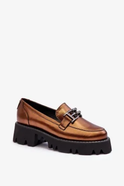 Best Laura Messi Damskie Skórzane Półbuty Loafersy Z Ozdobą 2699 Złote Złoty