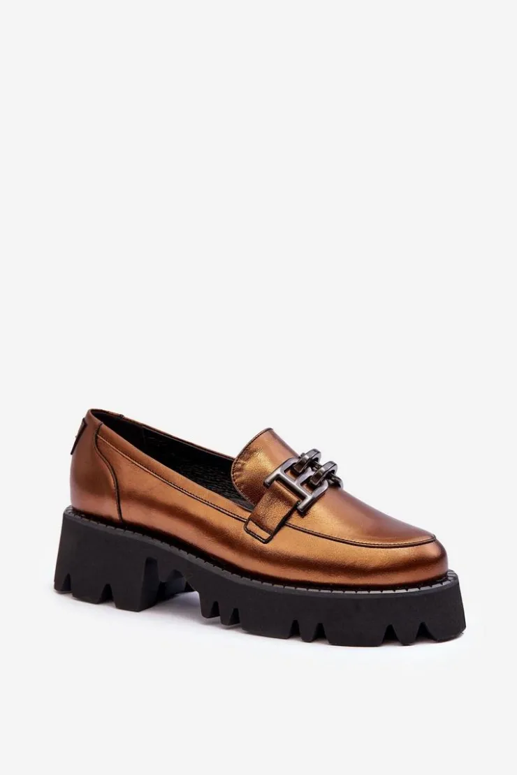 Best Laura Messi Damskie Skórzane Półbuty Loafersy Z Ozdobą 2699 Złote Złoty