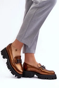 Best Laura Messi Damskie Skórzane Półbuty Loafersy Z Ozdobą 2699 Złote Złoty