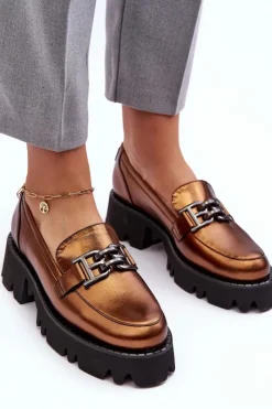 Best Laura Messi Damskie Skórzane Półbuty Loafersy Z Ozdobą 2699 Złote Złoty