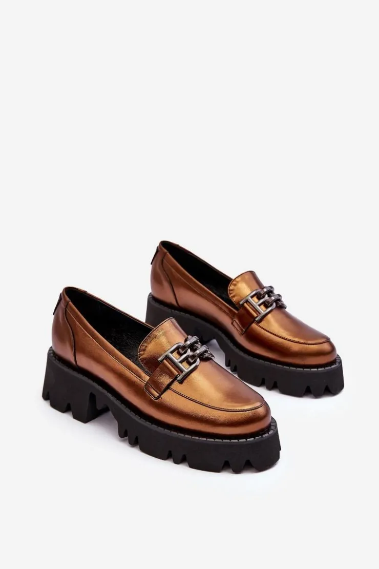 Best Laura Messi Damskie Skórzane Półbuty Loafersy Z Ozdobą 2699 Złote Złoty
