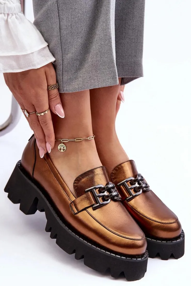 Best Laura Messi Damskie Skórzane Półbuty Loafersy Z Ozdobą 2699 Złote Złoty