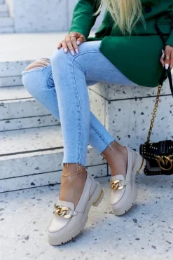 Online Boto Damskie Skórzane Półbuty Loafery Beżowe Mollie