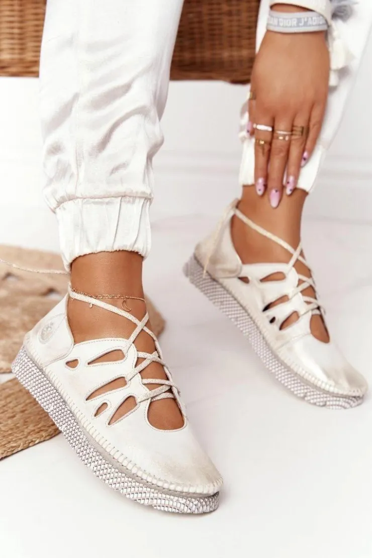 Maciejka Półbuty Skórzane*Damskie Skórzane Półbuty Beżowo-Złote 04449-25