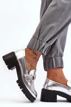 Discount Boto Damskie Skórzane Półbuty Na Masywnym Obcasie Srebrne Lemmitty Srebrny