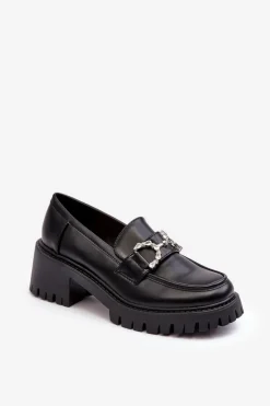 Boto Mokasyny Damskie Lakierowane*Damskie Skórzane Półbuty Na Masywnym Obcasie Czarne Lemmitty