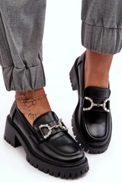 Boto Mokasyny Damskie Lakierowane*Damskie Skórzane Półbuty Na Masywnym Obcasie Czarne Lemmitty