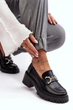 Boto Mokasyny Damskie Lakierowane*Damskie Skórzane Półbuty Na Masywnym Obcasie Czarne Lemmitty