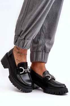 Boto Mokasyny Damskie Lakierowane*Damskie Skórzane Półbuty Na Masywnym Obcasie Czarne Lemmitty