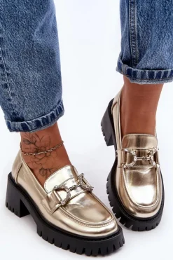 Damskie Boto Damskie Skórzane Półbuty Na Masywnym Obcasie Złote Lemmitty