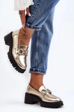 Damskie Boto Damskie Skórzane Półbuty Na Masywnym Obcasie Złote Lemmitty