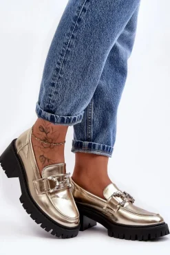 Damskie Boto Damskie Skórzane Półbuty Na Masywnym Obcasie Złote Lemmitty