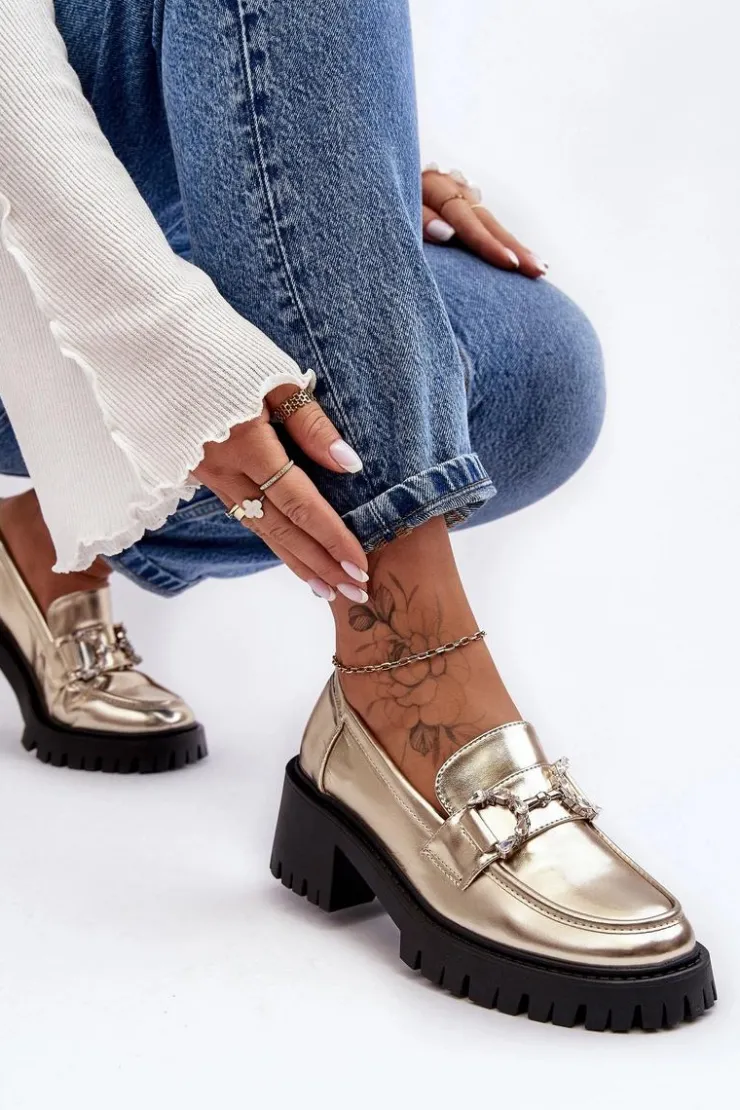 Damskie Boto Damskie Skórzane Półbuty Na Masywnym Obcasie Złote Lemmitty