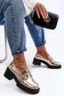 Damskie Boto Damskie Skórzane Półbuty Na Masywnym Obcasie Złote Lemmitty