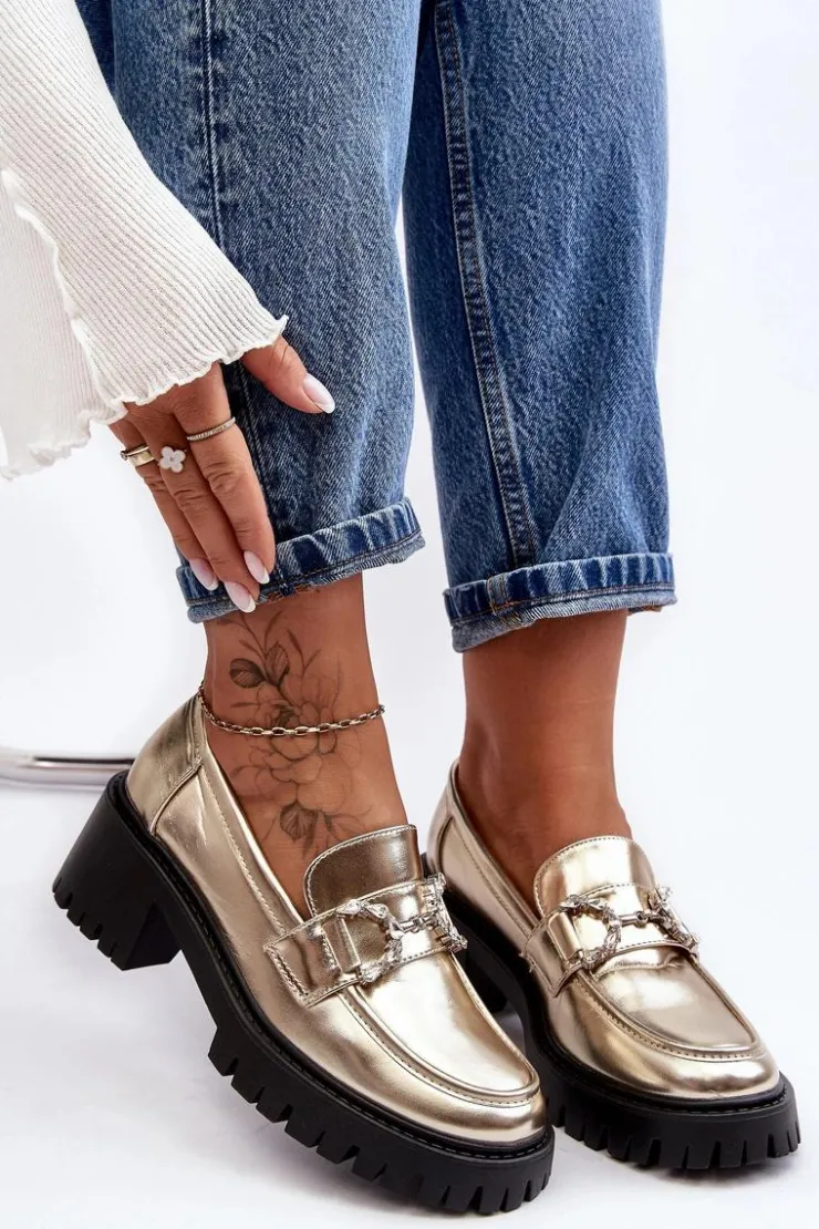 Damskie Boto Damskie Skórzane Półbuty Na Masywnym Obcasie Złote Lemmitty