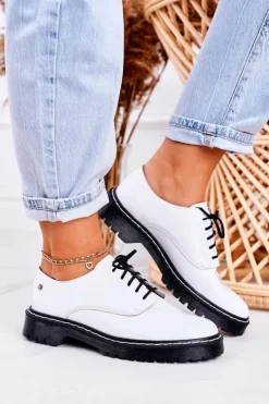 Damskie Maciejka Damskie Skórzane Półbuty Oxfordy 04087-11 Białe Lakierowane