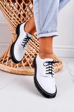 Damskie Maciejka Damskie Skórzane Półbuty Oxfordy 04087-11 Białe Lakierowane