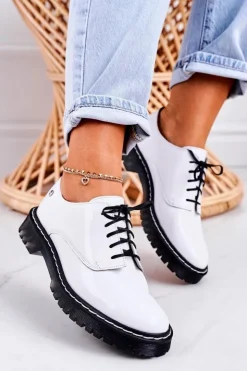 Damskie Maciejka Damskie Skórzane Półbuty Oxfordy 04087-11 Białe Lakierowane